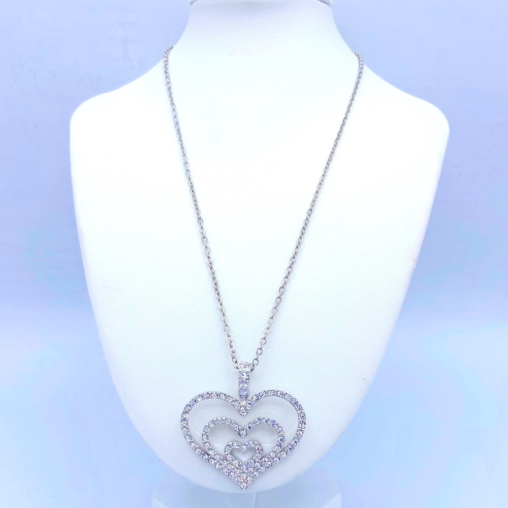 Vintage Nolan Miller Silver Tone Pave Rhinestone Triple Heart Necklace